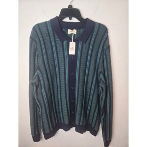 Marine Layer Arthur Sweater Button Down Navy/Green Stripe Mens Large